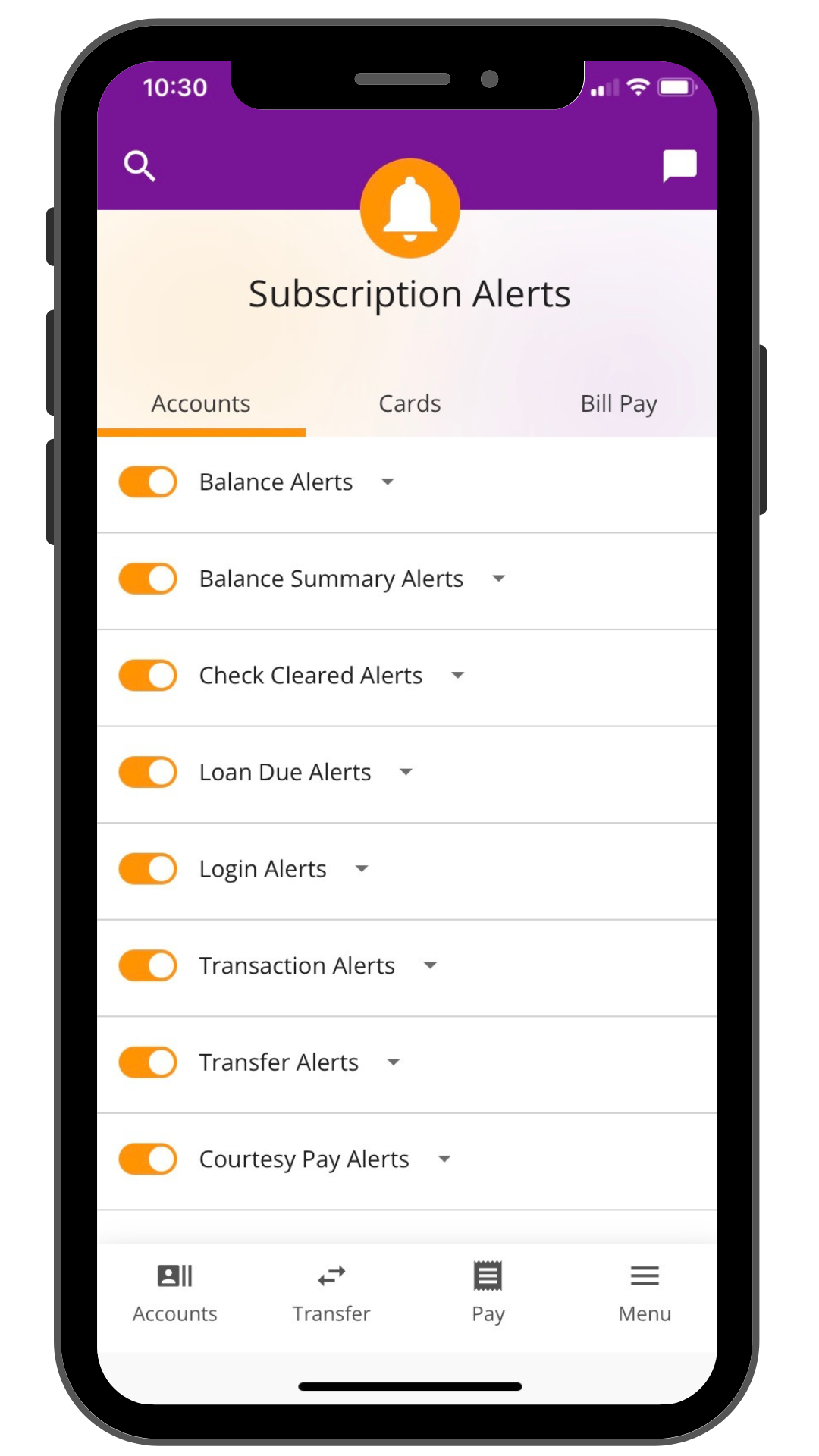 Sneak peek of alerts options in mobile app.