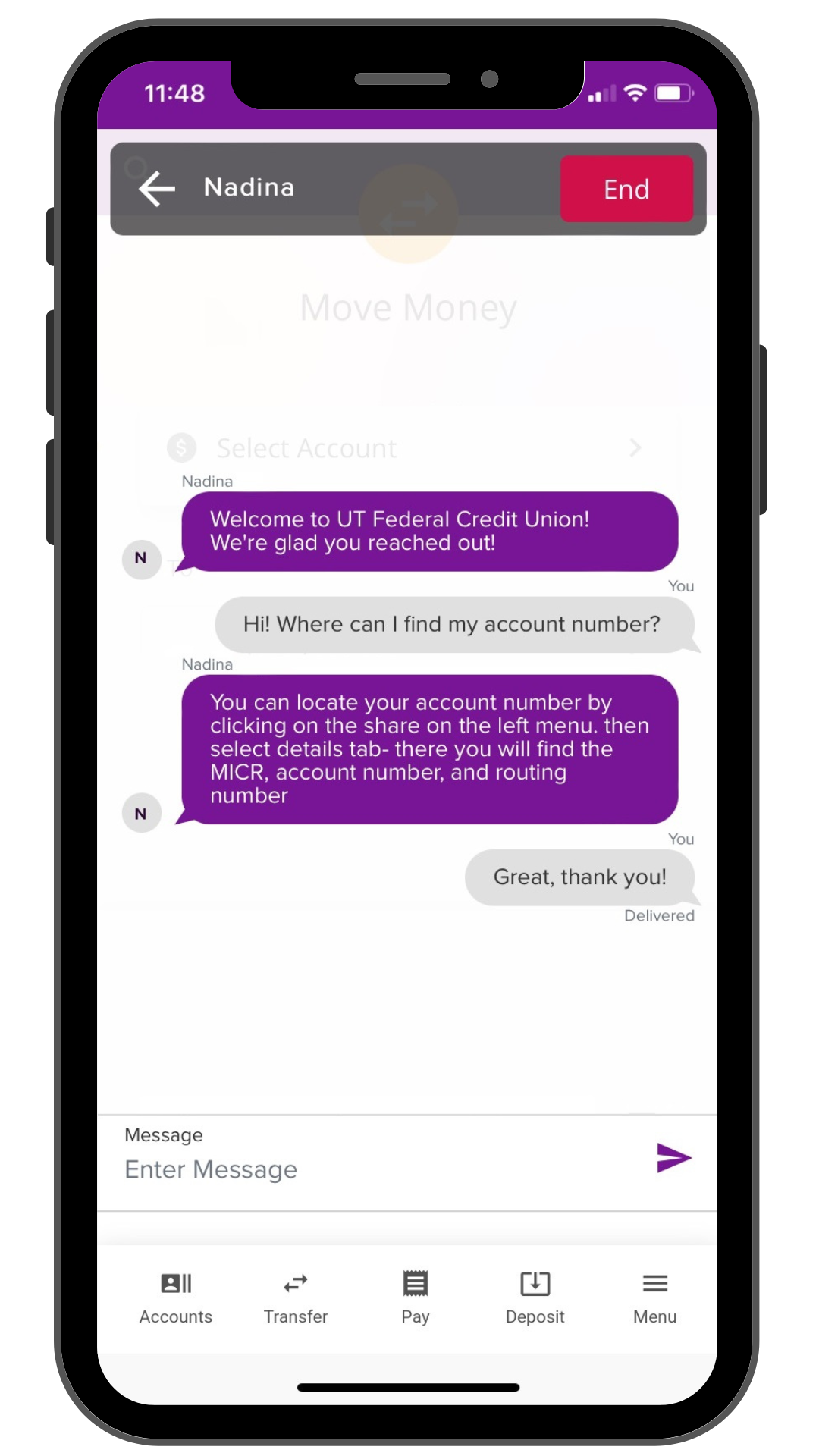 Sneak Peek of chat function inside of the UTFCU mobile app.