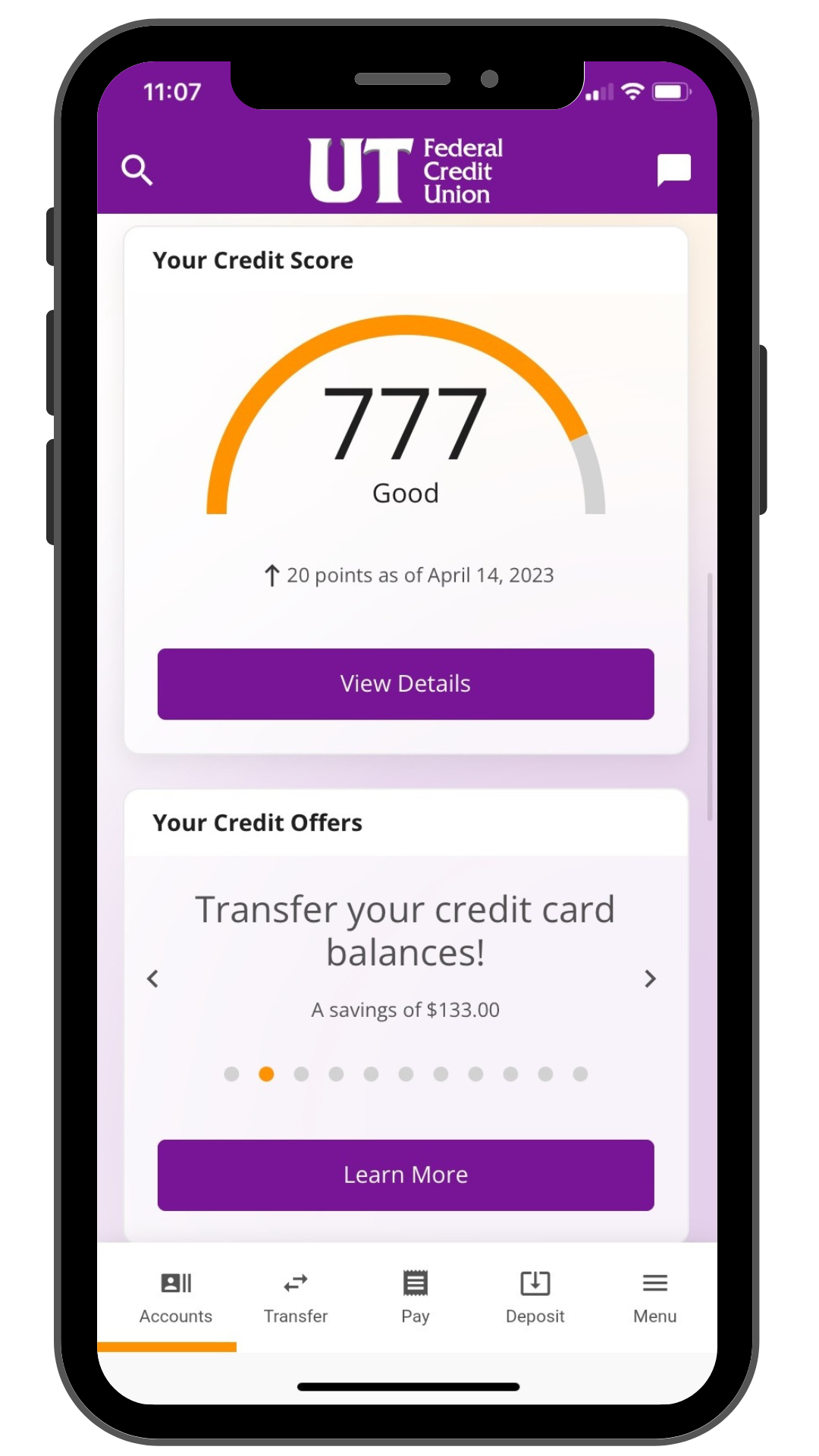 Sneak peek of credit score feature on the upgraded mobile app.